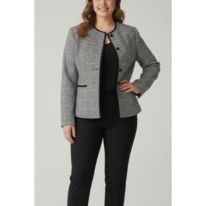JONES STUDIO SEPARATES Womens 16 XL Tweed Collarless Jacket Blazer Black White